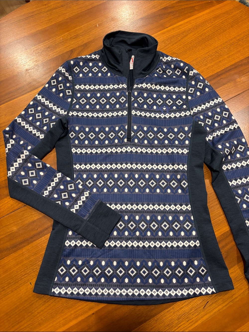 Kari Traa Navy and White Fair Isle Half-Zip mock turtleneck base layer, XS